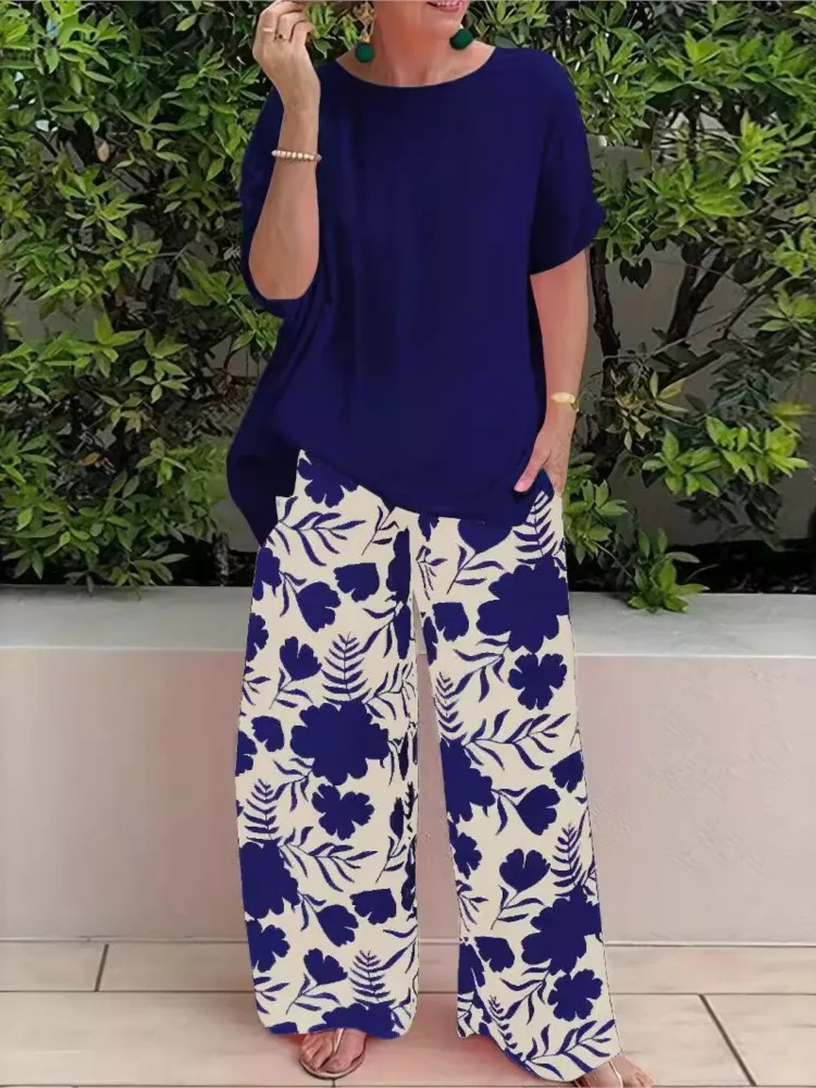 Set casual da donna Top a maniche corte larghi solidi e pantaloni lunghi a gamba larga con stampa Set da 2 pezzi per le donne Abiti estivi da donna