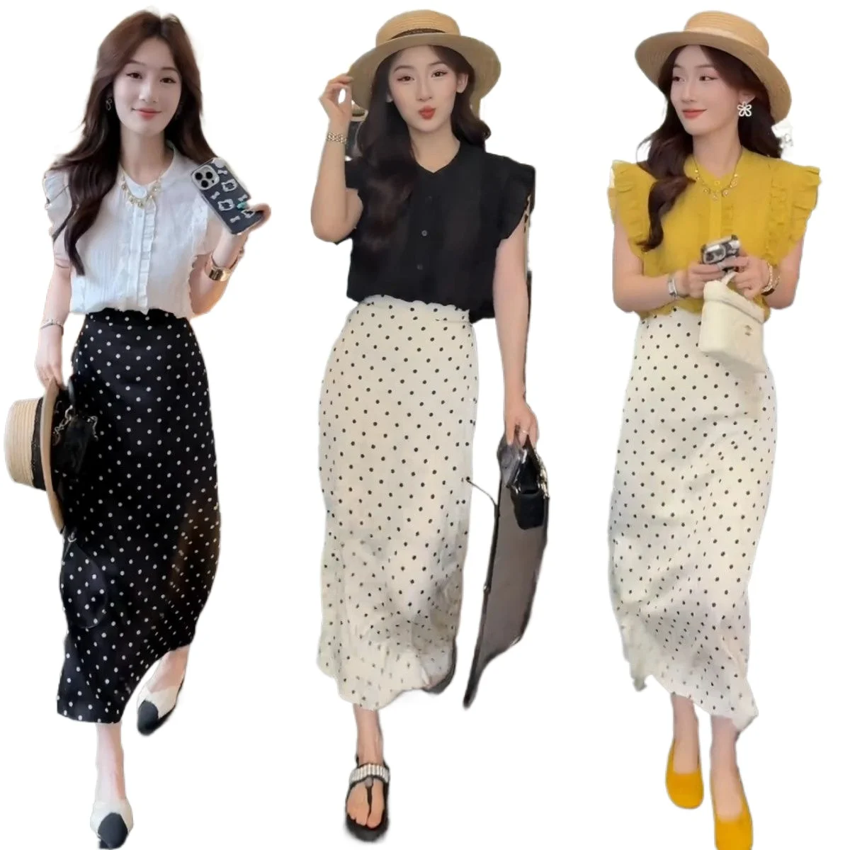 

Рубашка с короткими рукавами French Fungus Edge, женский топ с рукавами-крылышками + женская летняя юбка в горошек, комплект