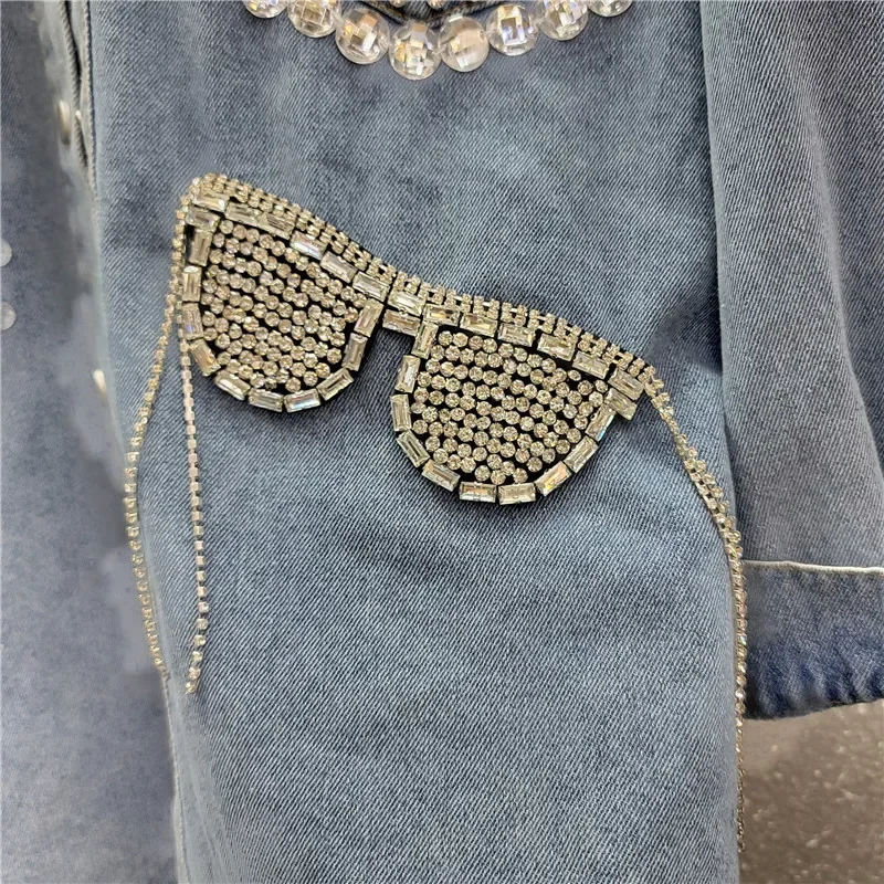 Luxury Women Diamonds Floral Beads Denim Shirts Coat Glasses Fringed Rhinestones Rivets Jeans Bomber Jacket Crystal Outwear Tops