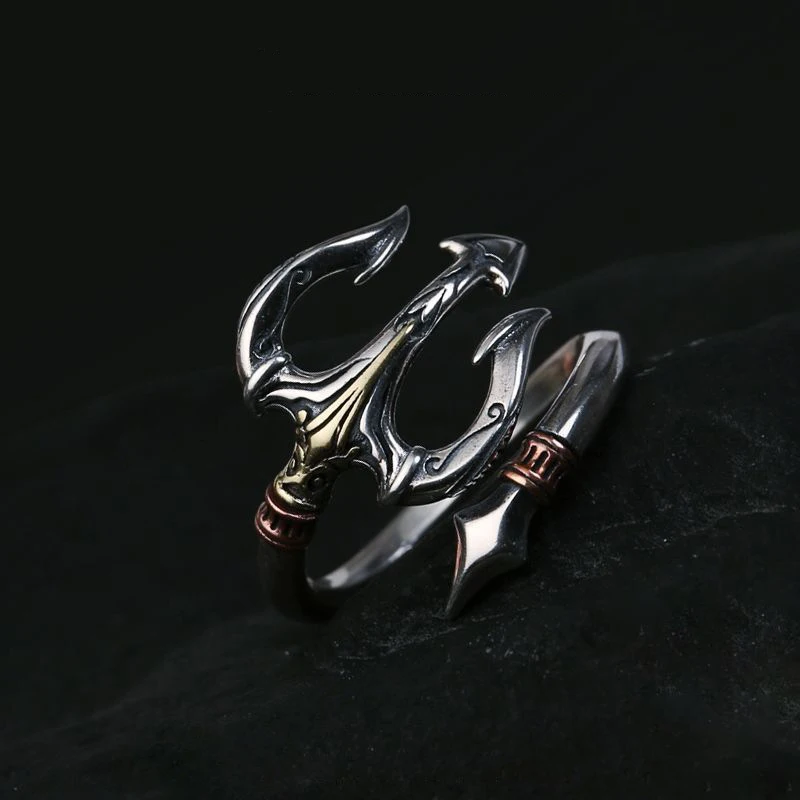 Creative Silver 925 Art Sea God Tridents mens rings Simple and Handsome Hip Hop Retro style Open Ring fine Jewelry Gift