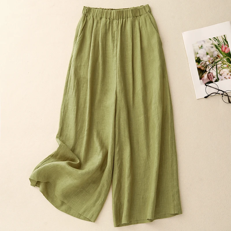 New Style Japanese Artistic Cotton Linen Loose Wide Leg Nine Points Straight Cut Pants for Women Ageless Fashion Casual Trousers
