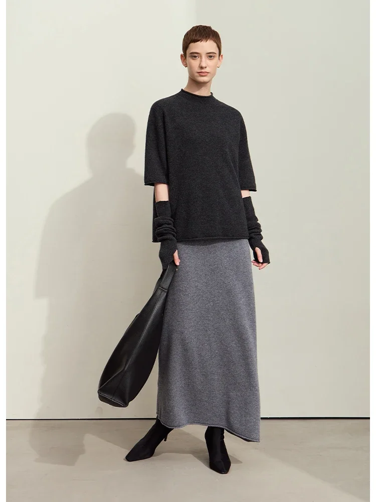 Amii Minimalism Wool Skirts for Women 2024 Autumn New Seamless Asymmetrical A-Line Fashion Female Knitted Long Skirt 12443174