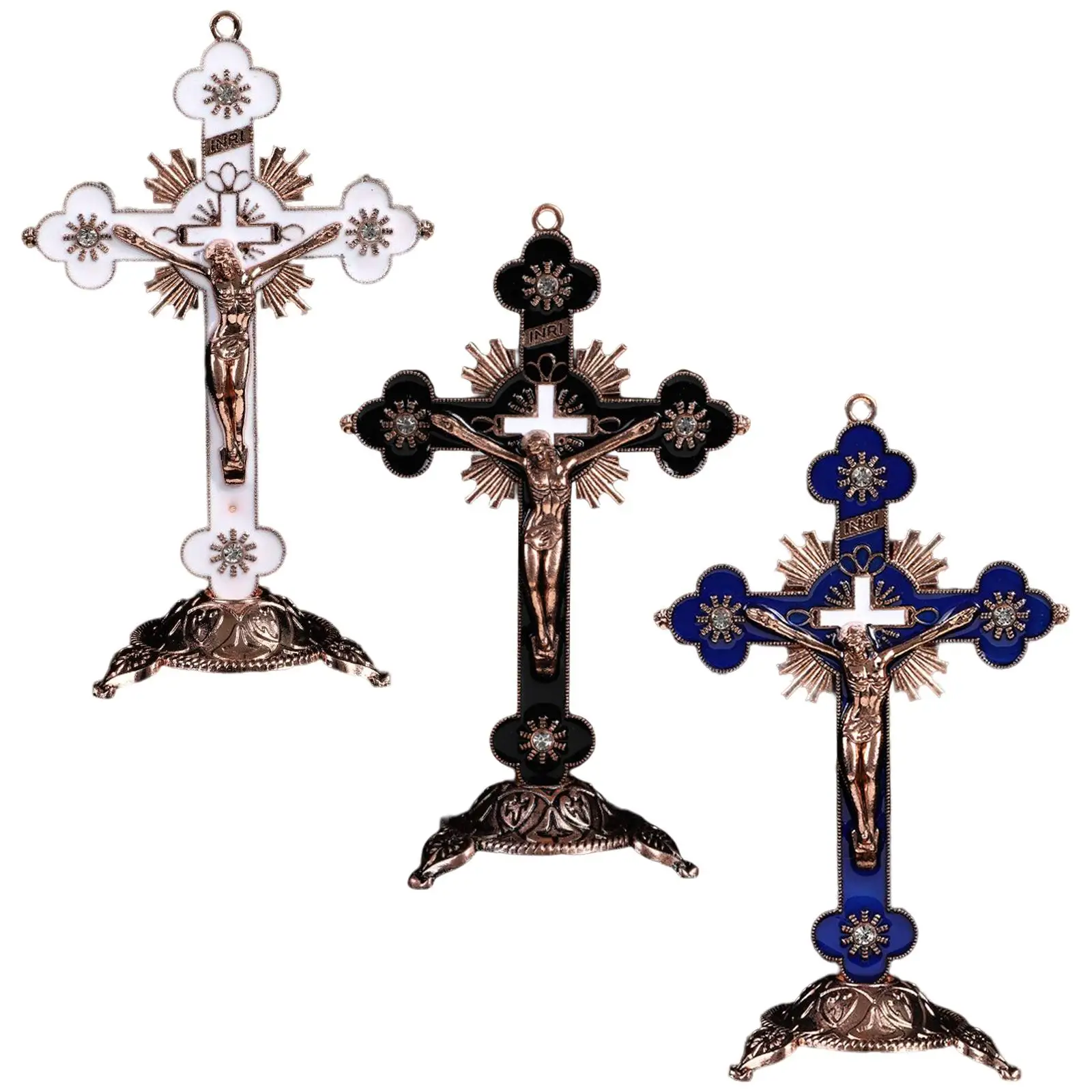 Estatuetas de crucifixo em pé, jesus cristo em cruz, estátuas de mesa, escultura de liga para escritório, casa, ornamento, presente colecionável