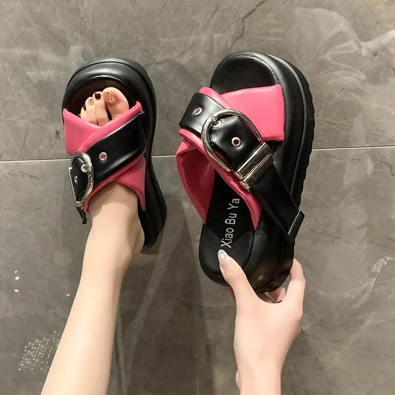 Summer Platform Slippers Women Punk Style Belt Buckle Design Slide Sandals Thick Bottom 7cm Flip Flops Light Non-slip Beach Shoe