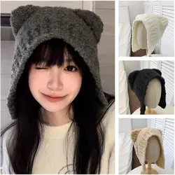 Winter Y2K Beanie Hats for Women Warm Crochet Ear Protection Hat Cute Bear Ear Solid Color Unisex Autumn Windproof Knitted Caps