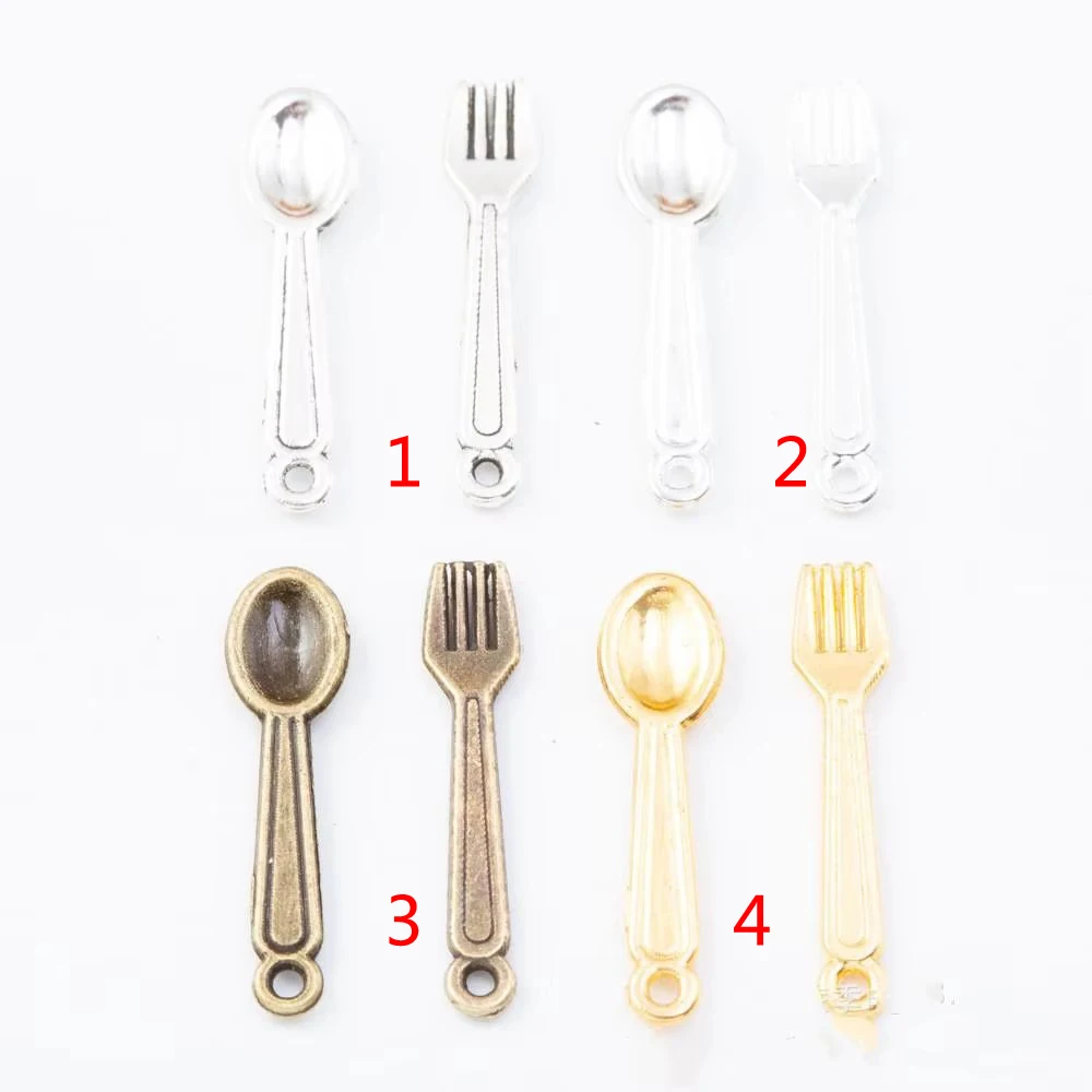 200pcs 24*5MM ZAKKA Grocery Creative Retro Kitchen Elements Spoon and Fork Handmade DIY, Bronze Popular Necklace Jewelry Pendant