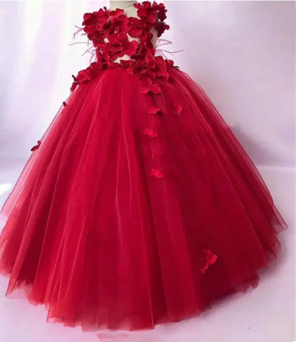 

Customized Light Pink Flower Girl Dresses For Wedding Tulle 3D Flower Elegant Princess Birthday Party First Communion Ball Gown