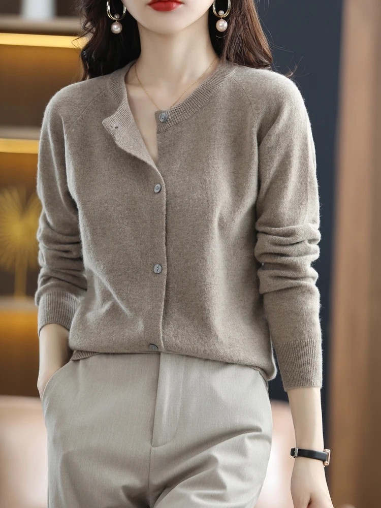 

Spring Autumn Women O-neck Wool Cardigan Cashmere Sweater 100% Merino Wool Knitwear Female Basic Solid Long Sleeve Clothing Top