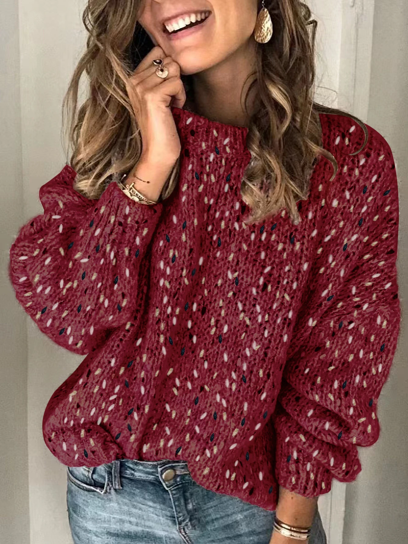 Autumn and winter vintage multi-colored round neck casual commuting style jumper head knitted sweater for women