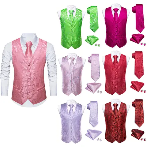 Men's Vest Tie Set 4PC Paisley Floral Jacquard Waistcoat and Necktie Pocket Square Cufflinks Vests for Suit Tuxedo Wedding