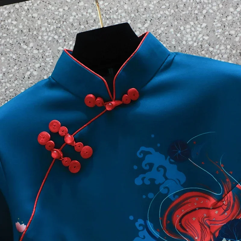 Vestido de manga corta Cheongsam para mujer, ropa tradicional china, color azul, elegante, para fiesta, Año Nuevo, 2022