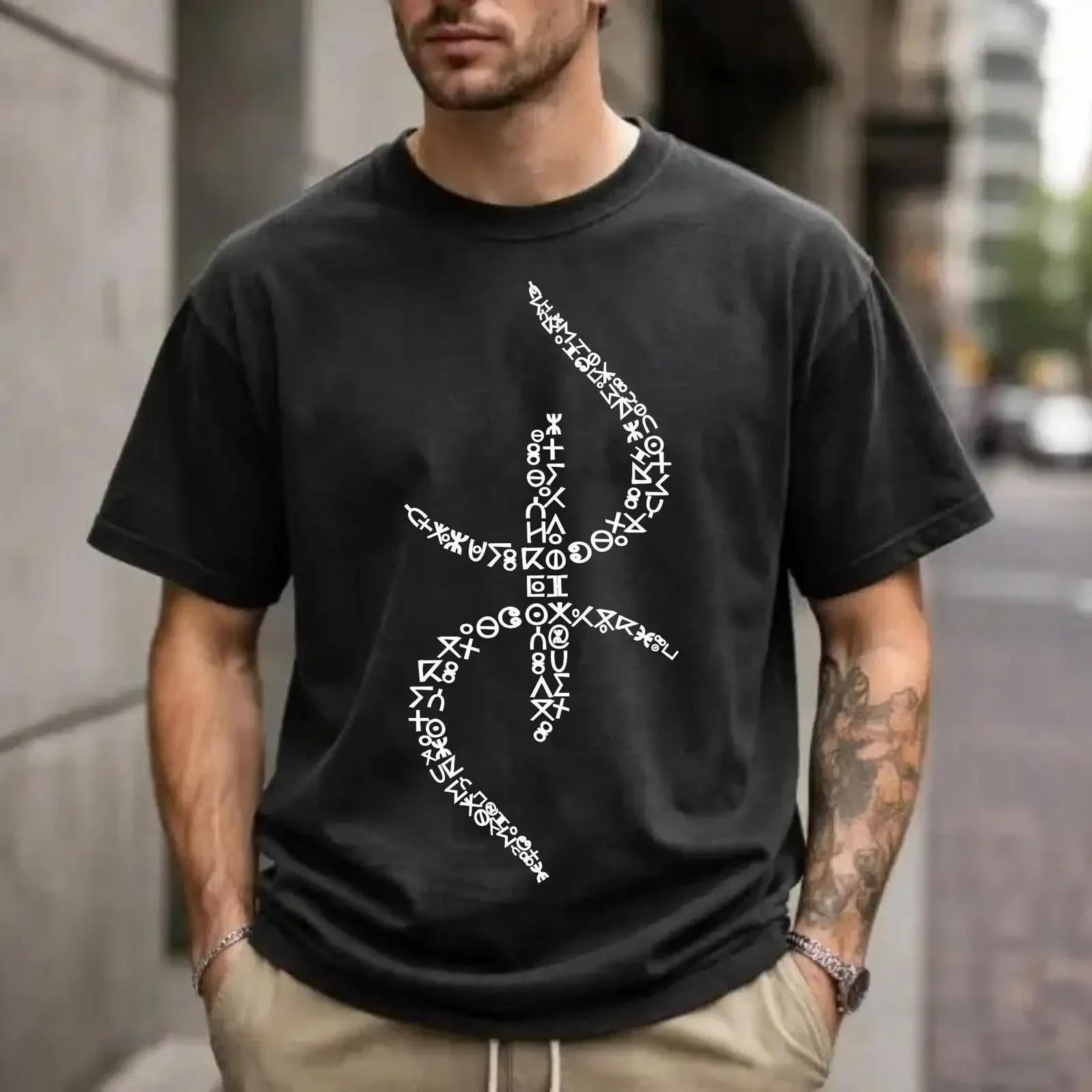 Men's Casual Cotton T shirt Berber Amazigh Yaz Symbol Print Vintage Crew Neck  North African Cultural Top vintage Washed