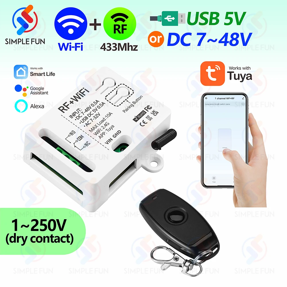 

Tuya Remote Control Smart Switch WiFi & RF,DC 12V 24V 48V USB 5V,1-250V Dry Contact,DIY Switch,Alexa Google Home Voice Control