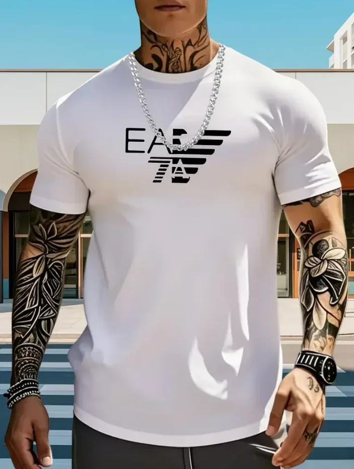Herren Sommer T-Shirt aus reiner Baumwolle mit EA7-Buchstaben-Print, kurzärmelig, lässig, Streetwear, Baumwoll-T-Shirt mit Rundhalsausschnitt