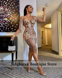 Sexy Golden Short Prom Dresses Luxury Beading Crystal Luxury Birthday Cocktail Homecoming Party Gowns  Customized