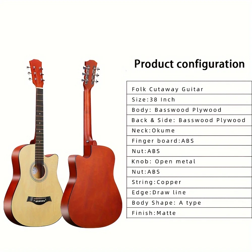 38 Inch Folk Acoustic Guitar Beginner Set, Orman Guqin Neck,basswood Panel,matte Surface,ABS Nuts, Including Bag, Christmas Gift