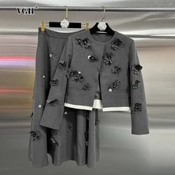 VGH Spliced Appliques Two Piece Sets For Women Round Neck Long Sleeve Coats High Waist A Line Skirts Elegant Slim Set Female New