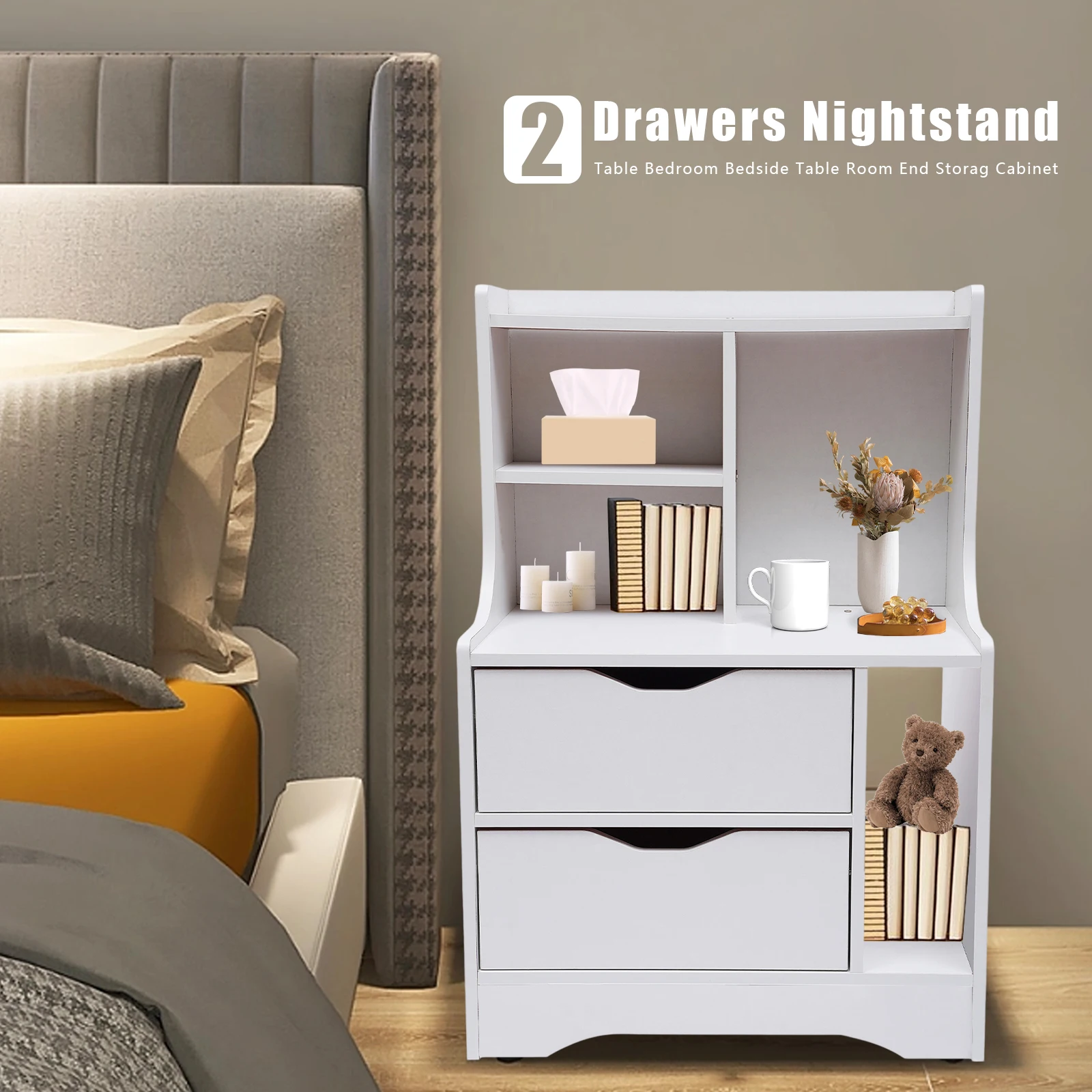 

White 2 Drawers Dresser with Top Cabinet Storage Nightstand End Bedside Table Storage Cabinet Chest of Drawers with Open Shelf