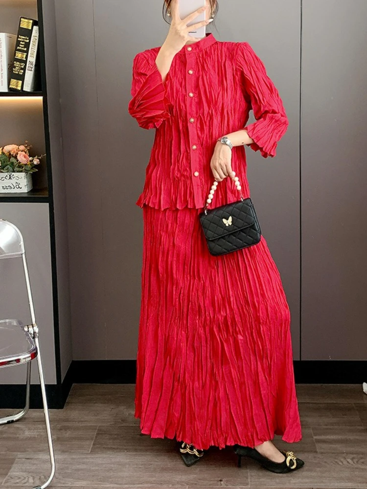 

Miyake Pleated Set, Summer 2025 New Femininity Elegant Heavy Industry Slim-fitting Crew Neck Dress Two-piece Set