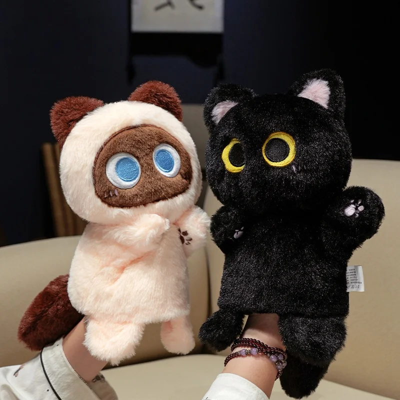 Cartone animato peluche gatto dagli occhi grandi burattino a mano giocattoli di peluche super morbido divertente gatto siamese bambola carino mano burattino da dito giocattoli educativi per bambini