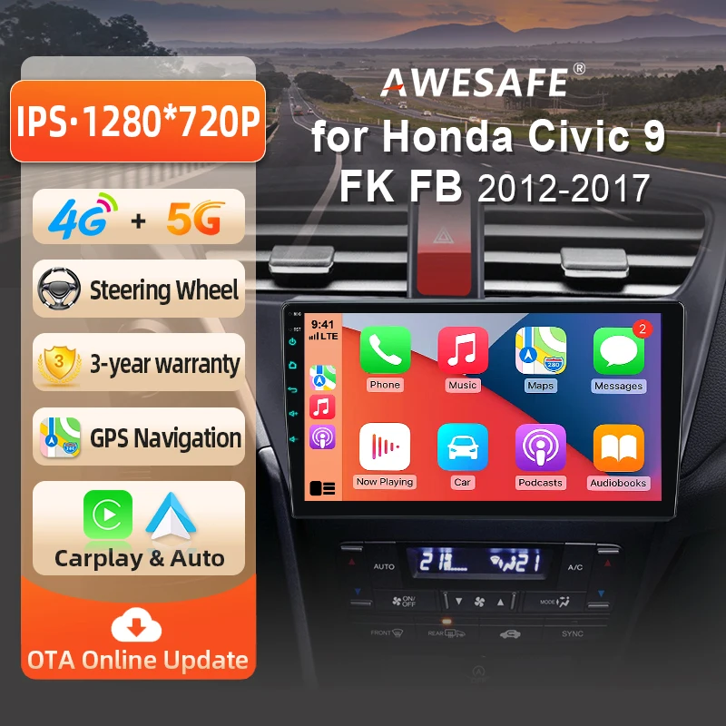 Autoradio Android AWESAFE 9" pour Honda Civic 9 FB FK 2012-2017 LHD, CarPlay sans fil et Android Auto, navigation GPS, support multimédia, commande au volant, amplificateur de subwoofer, caméra arrière avec CAN-BUS, Plug and Play EU, DAB+ Autoradio numérique 2DIN RDS.