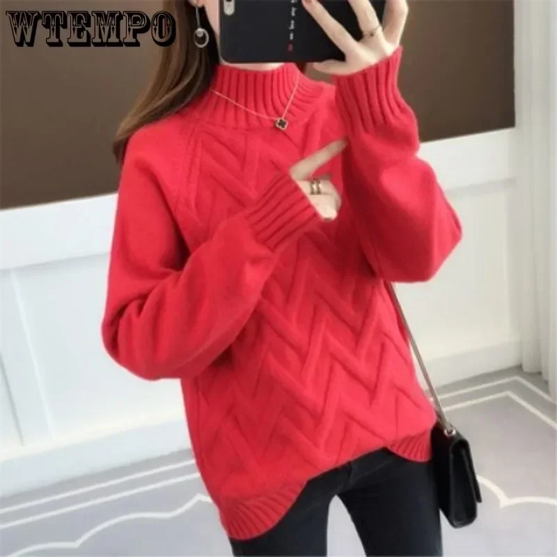 WTEMPO Women Long Sleeve Knitted Sweater Winter Fall Pullover Jumper Casual Loose High Half Neck Soft Comfortable Knitting Tops