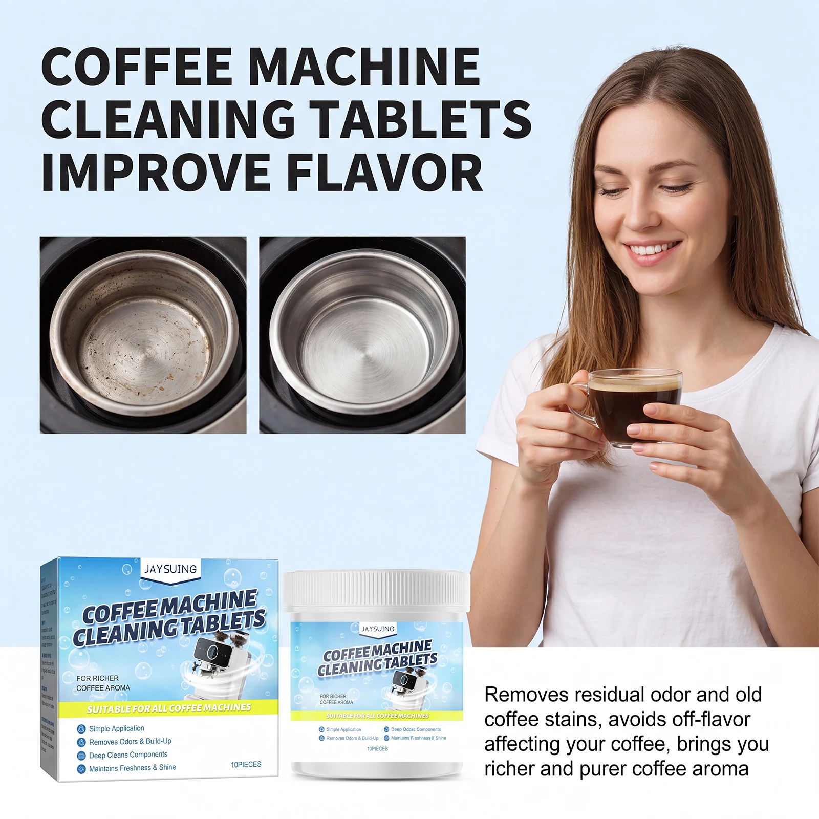 10 Stück Entkalkungstabletten für Kaffeemaschinen, Reiniger, Fleckenentferner, Filterkorb, Brausetabletten, universell kompatibel, Reinigung aller Marken
