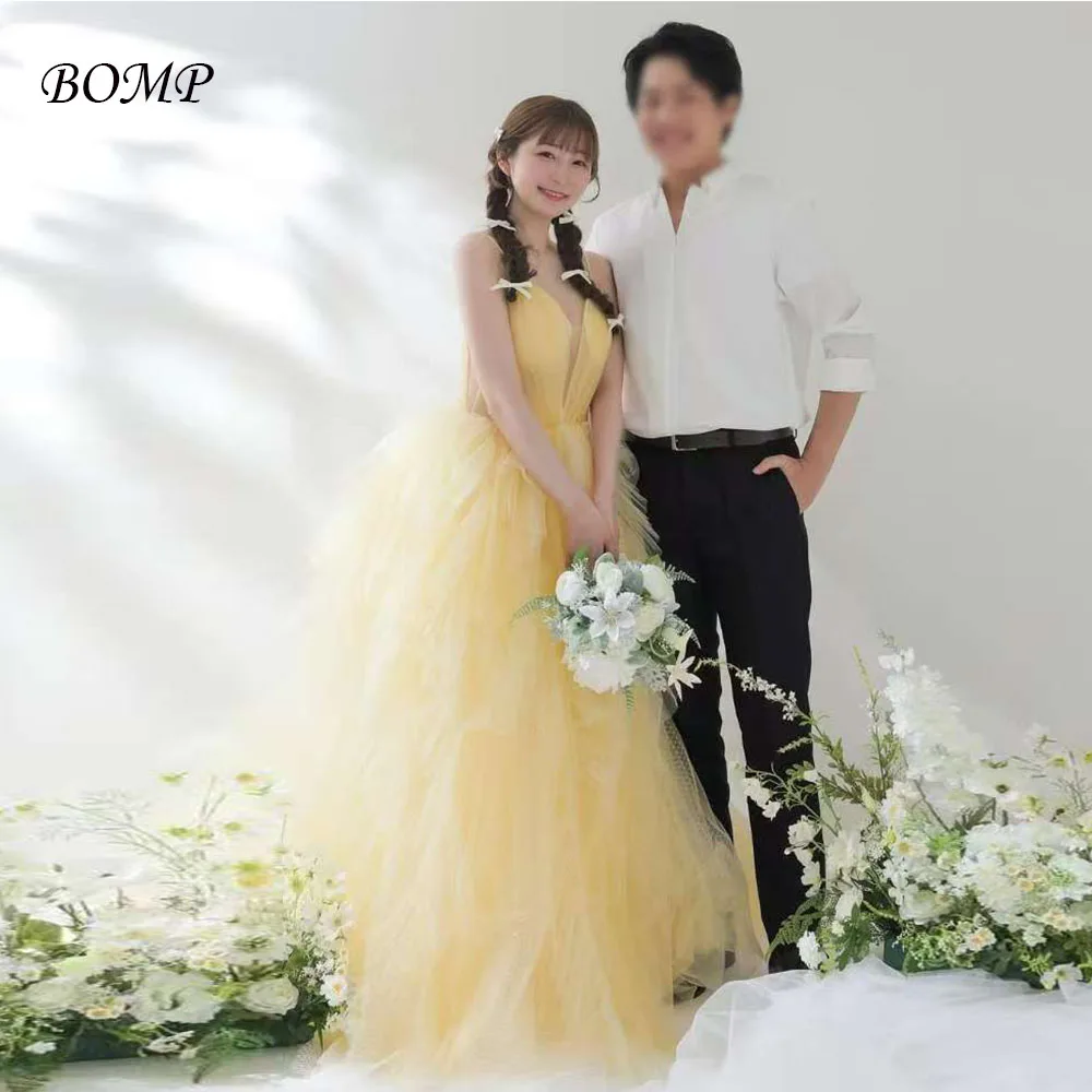 

BOMP Elegant Yellow Wedding Dress V-Neck Spaghetti Strap Multi-layered Tulle Korea Photo Shoot Bridal Reception Gown Customized