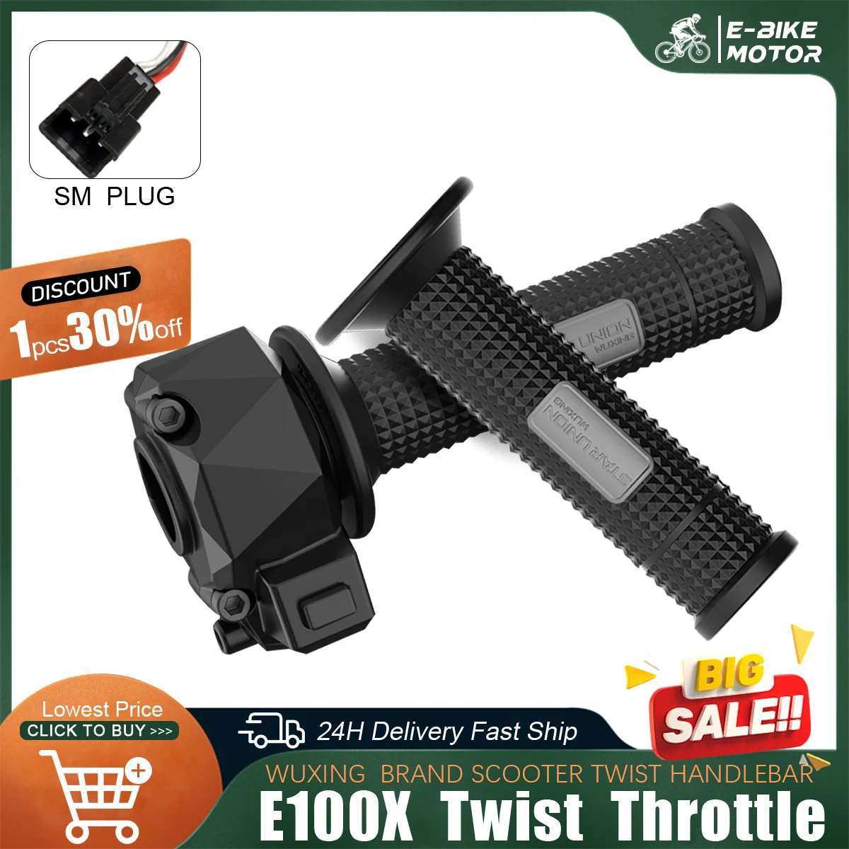 

WUXING E100X Full Twist Throttle Electric Bicycle Right Handle Throttle 3Pin SM Connector for E Bikes or Electric Scooter Parts