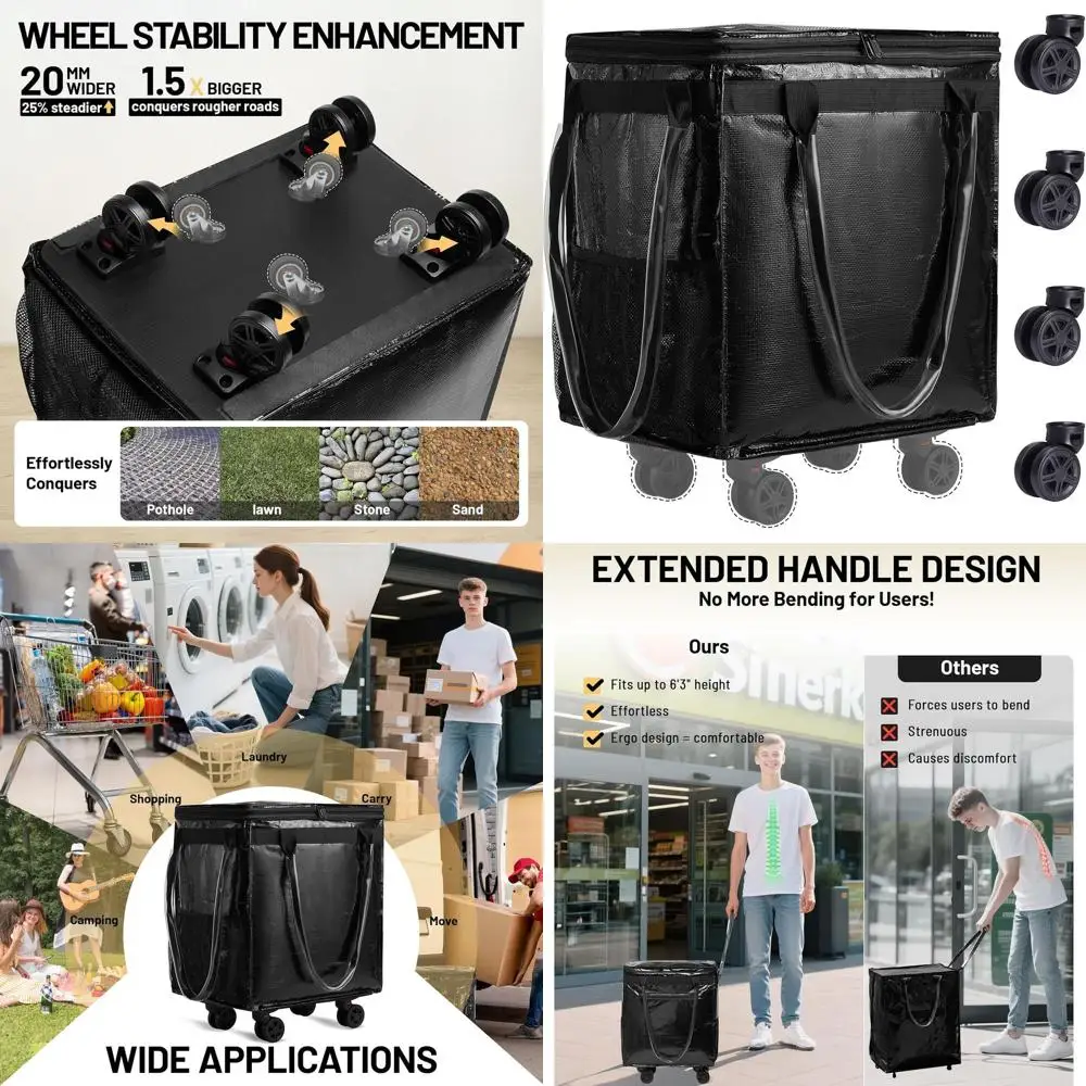 

Складная тележка для покупок с тканью, устойчивой к сминанию, усиленными колесами и удлиненной ручкой, вместимостью до 66 л.