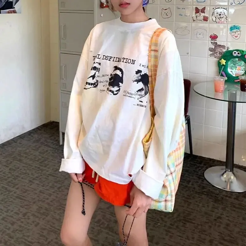 

Casual Printed Fashionable Letter T-shirts Spring Autumn Long Sleeve Female Clothing Round Neck Basic Loose American Pullovers