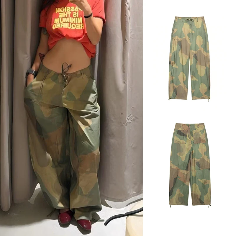 Guobioziy 2026 Fall New Arrival Camouflage Work Pants High-Waist Drawstring Wide-Leg Casual Pants Retro Street Style