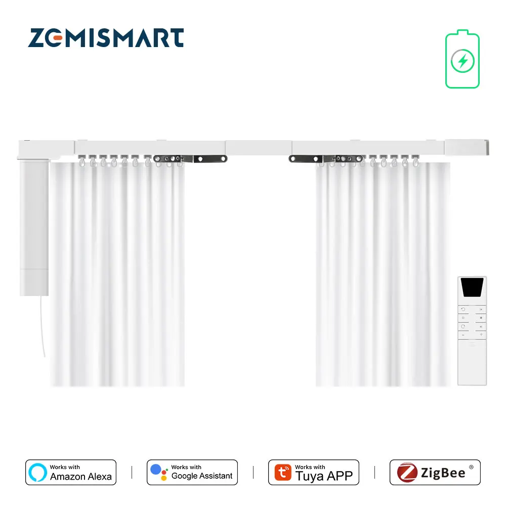 Zemismart Tuya Zigbee Rechargeable Electric Curtain Motor with Customized Slide Curtain Track Support Alexa Google Home Control