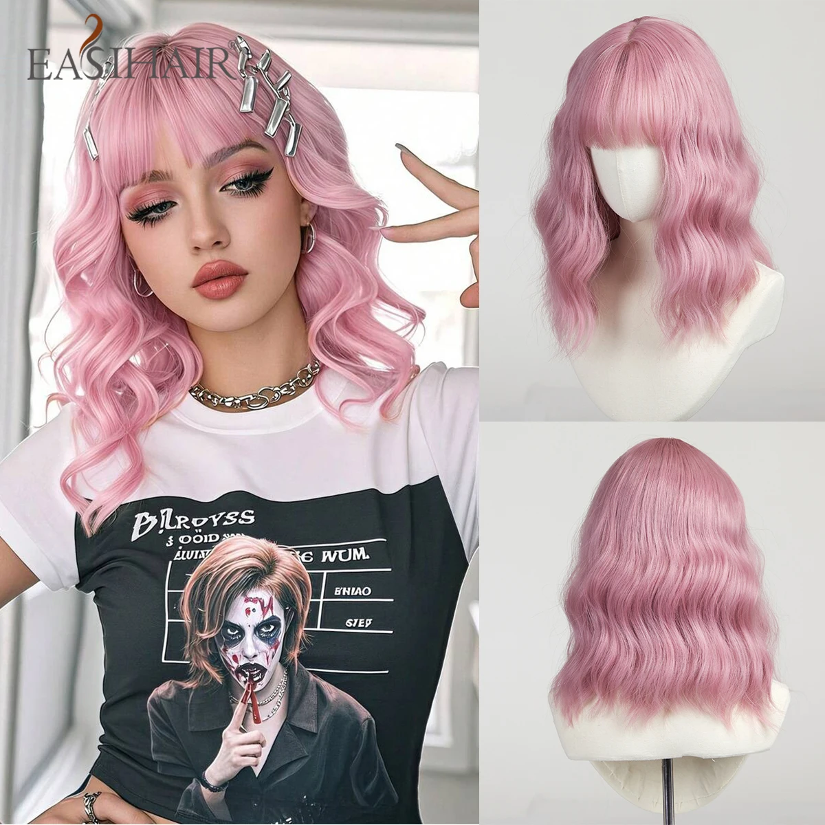 

EASIHAIR Короткие волнистые синтетические парики боб с челкой Розовые парики для косплея для женщин Натуральные волнистые волосы Ежедневное использование Термостойкие