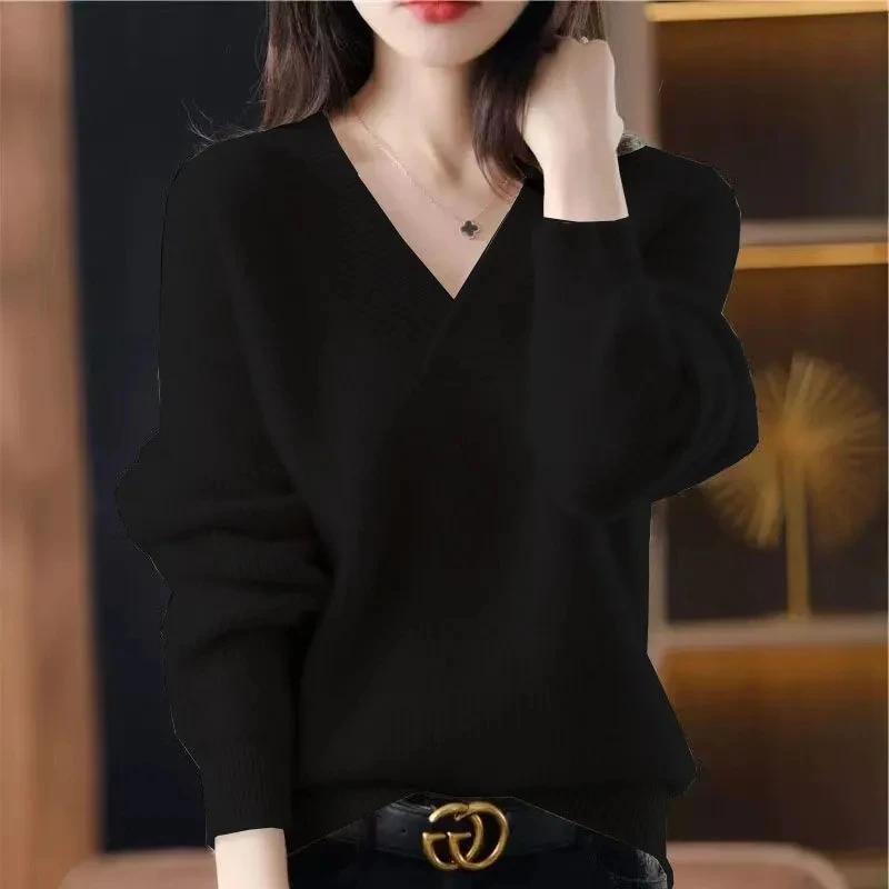 Cashmere Sweater Women\'s 100% Wool Sweater Fashion V-neck Knitted Pullover 2024 Winter and Autumn New Loose Solid Soft Sweater