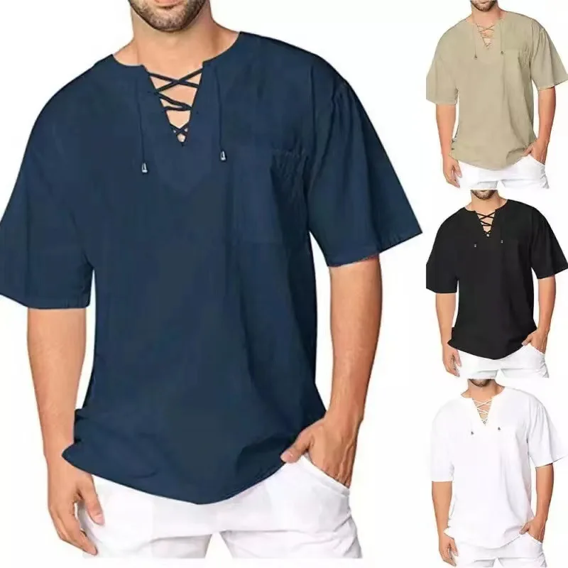 Plus Size Men\'s Tee Shirt Solid Tops Pullover V Neck Lace-up Loose Top Summer Holiday Beach Casual Half Sleeve Tops Linen Top