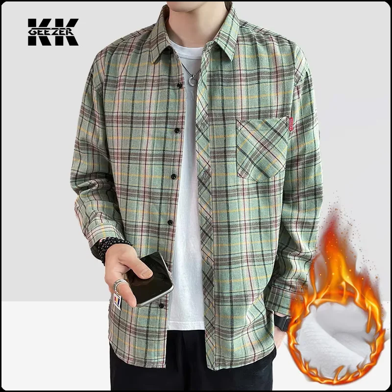 Men Shirt Plaid  Cotton Flannel Loose Long Sleeve Hip Hop Street Mens Casual Shirt Black Red Male Soft Dress Shirt Striped Work