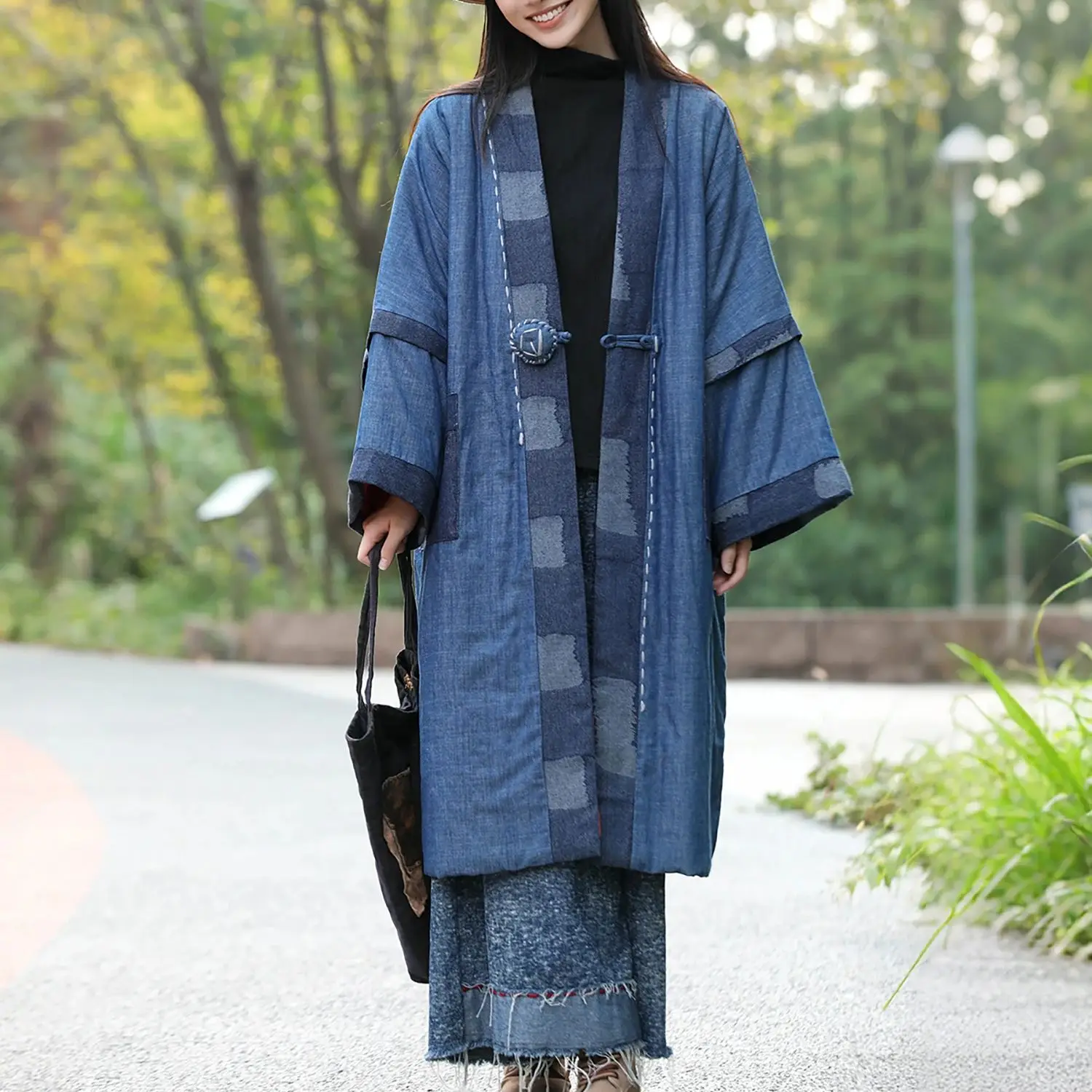 

LZJN Women's Vintage Long Denim Cotton-Padded Coat - Loose Fit, Button-Up, Artsy Relaxed Style, Warm Winter Fashion Outerwear