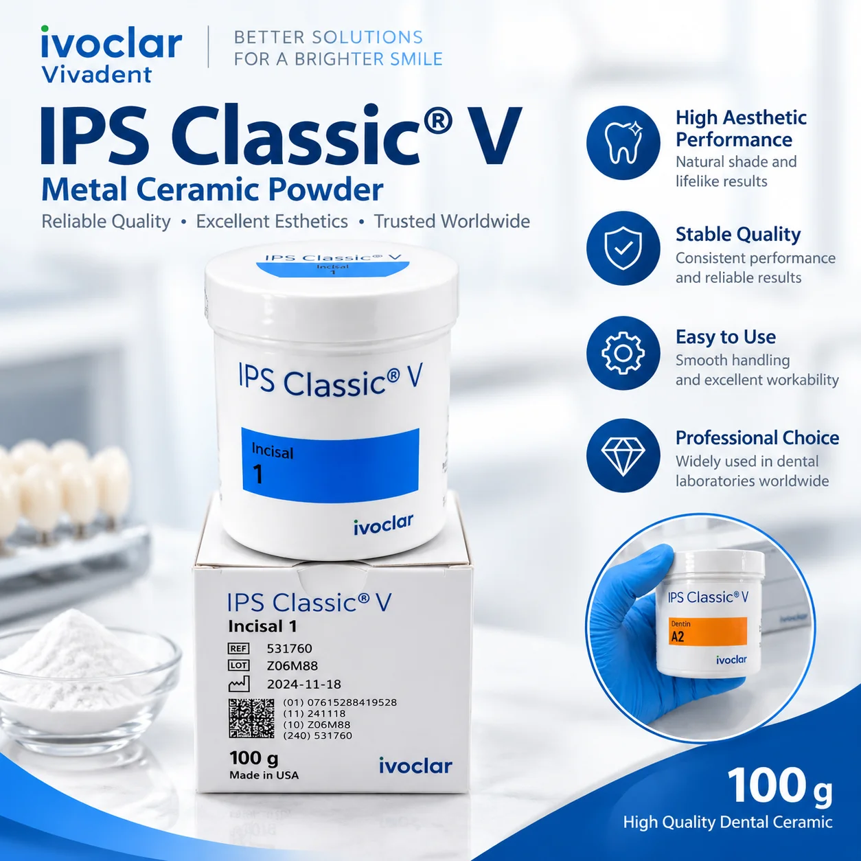 Ivoclar Vivadent IPS Classic Metal Ceramic Powder 100g, New Packaging, Feldspathic Porcelain for PFM Crown & Bridge
