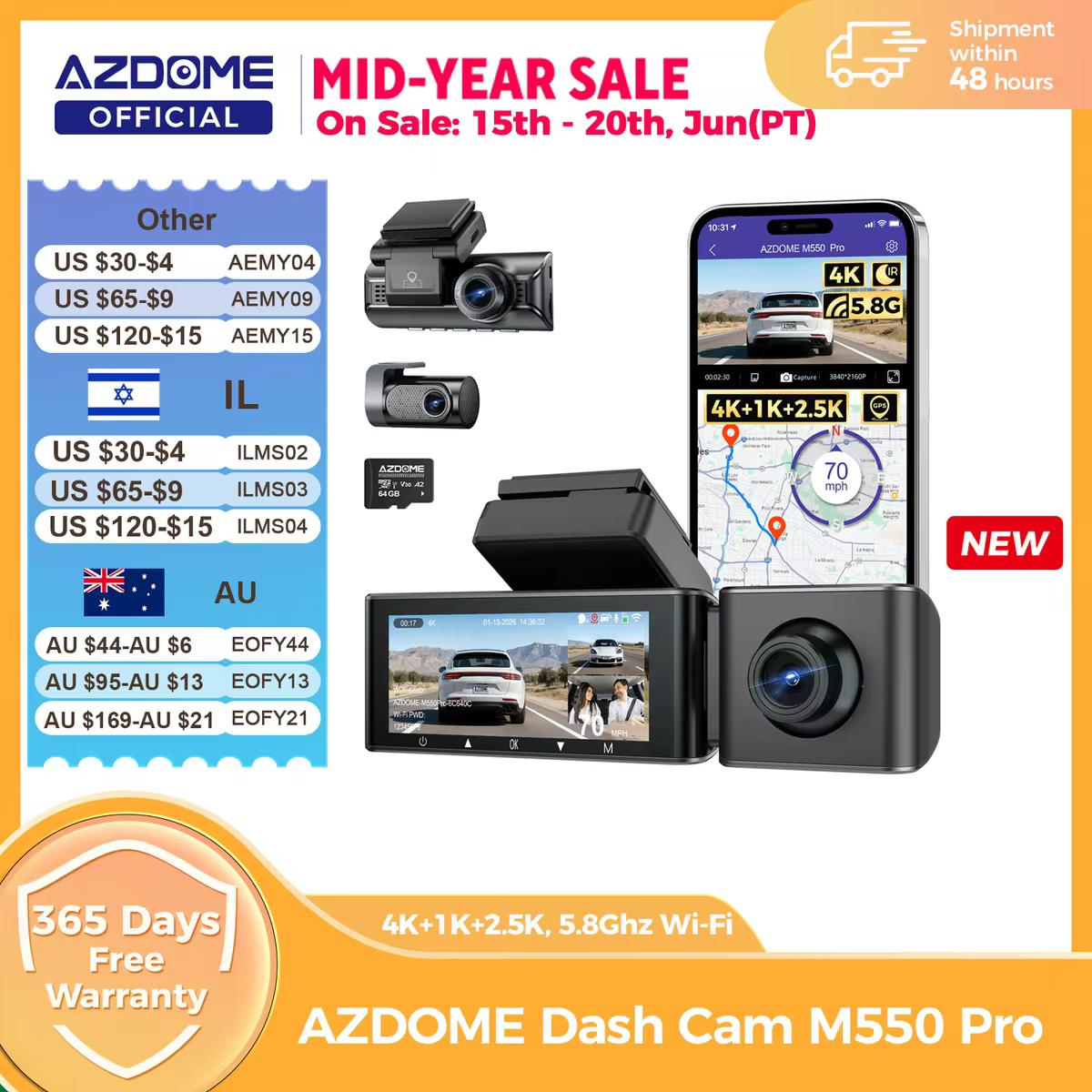 מצלמת רכב AZDOME M550 Pro Dash Cam Car DVR 5.8Ghz WiFi 3.19" IPS 2 או 3 ערוצים מצלמת רכב GPS ראיית לילה כפולה 4K+1080P מוניטור חניה