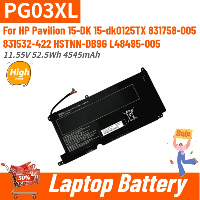 

PG03XL Аккумулятор для ноутбука 11,5 В 52,5 Втч 4545 мАч для HP Pavilion15-DK 15-dk0125TX HSTNN-DB9G L48495-005 831758-005 831532-422
