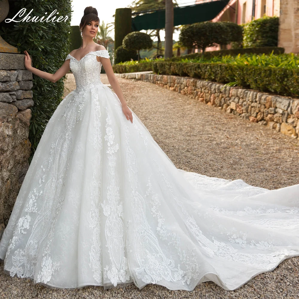 Lhuilier Women's Ball Gown Lace Wedding Dresses Off the Shoulder Floor Length Beaded Bridal Gowns with Cathedral Train