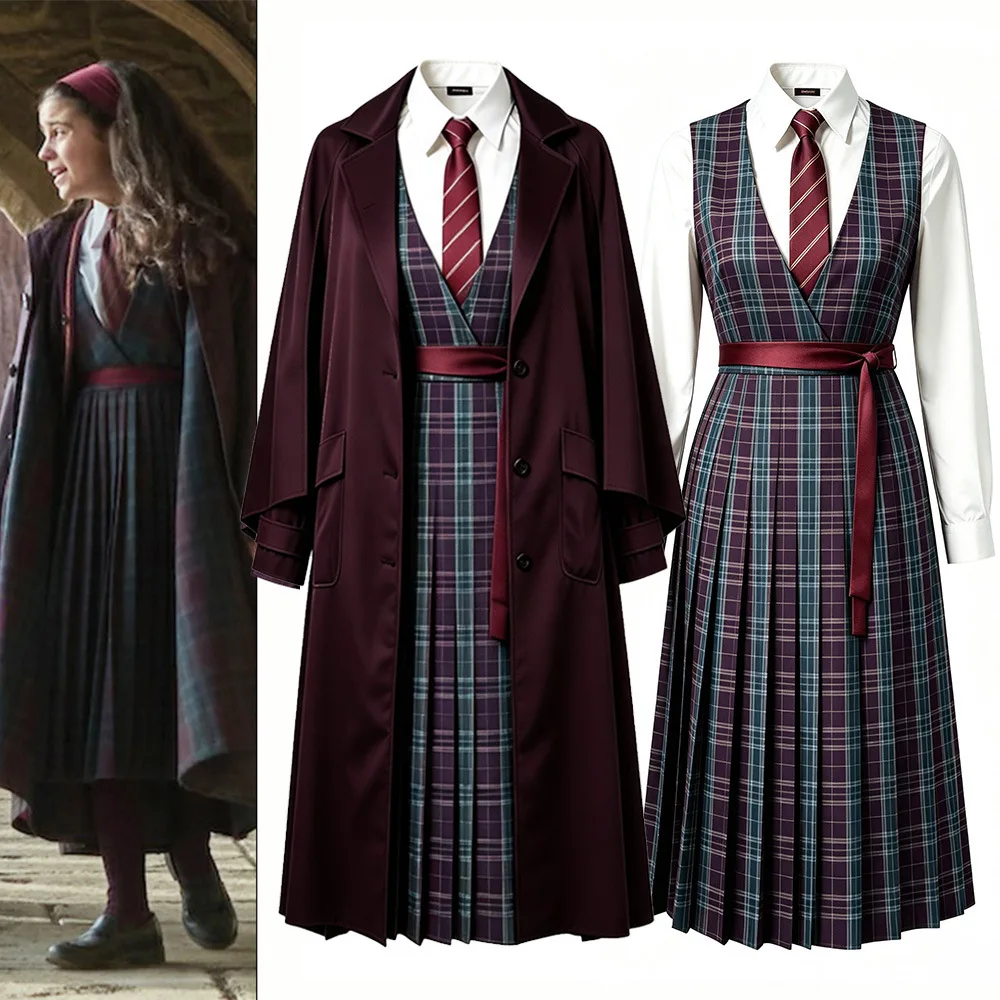 Nuevo conjunto de uniforme de Hermione Granger de la serie COS TV, abrigo morado de mago, vestido plisado a cuadros con cinturón, estilo Hogwarts oscuro.