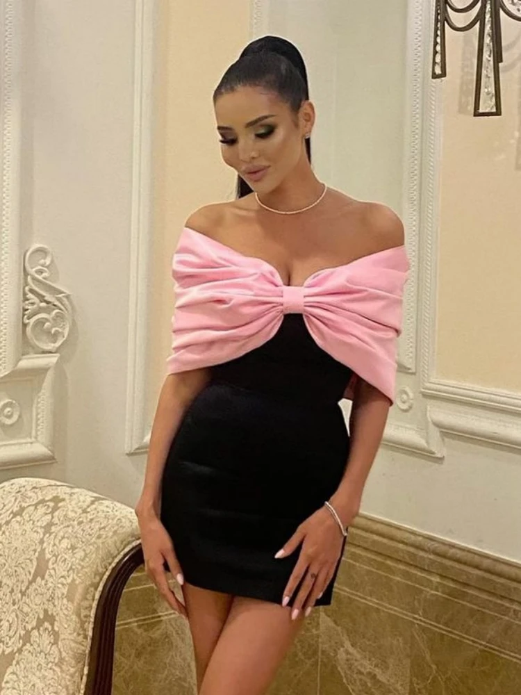 

Sexy Big Bow Design Off the Shoulder Mini Dress Elegant Black Straples Pink Bowknot Bodycon Dress Celebirty Party Club Evening