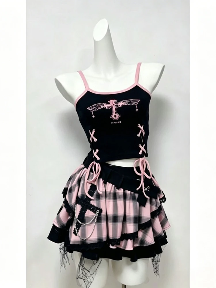 Summer Japanese Style 2 Piece Set for Women Sexy Spicy Girl Pure Desire Subculture Gothic Mini Skirt Suit Daily Female Outfits