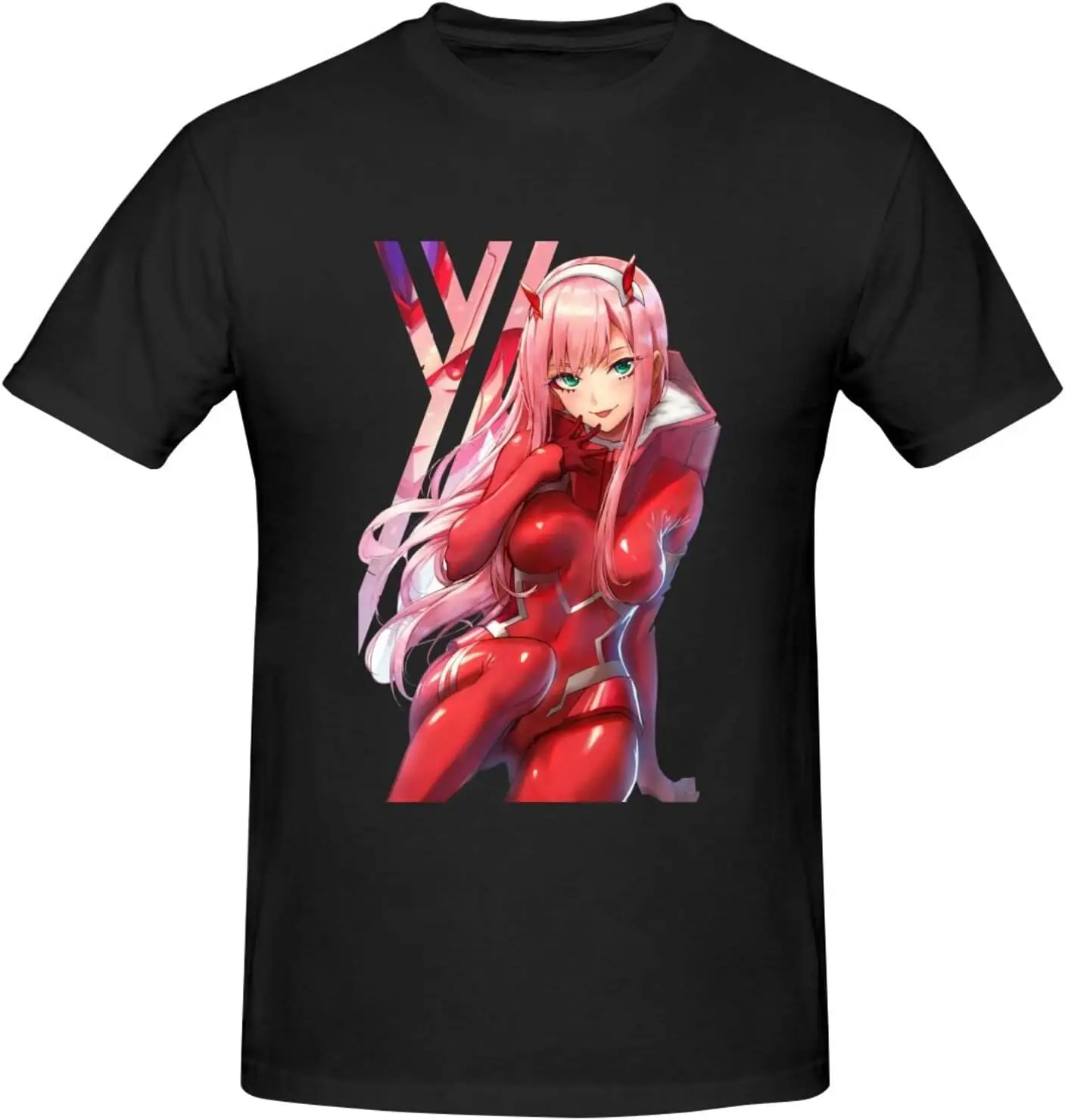 

Darling in The Anime FranXX Zero Two Men's T-Shirts Cotton Short Sleeve Crew Neck Fashion Graphic Print Tees Black