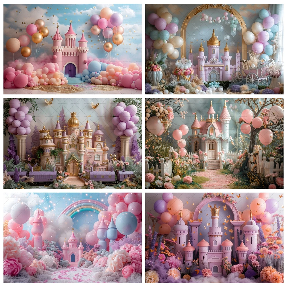 

Pink Balloon Castle Princess Birthday Party Background Floral Balloon Baby Shower Party Decoration Photography Studio Supplies