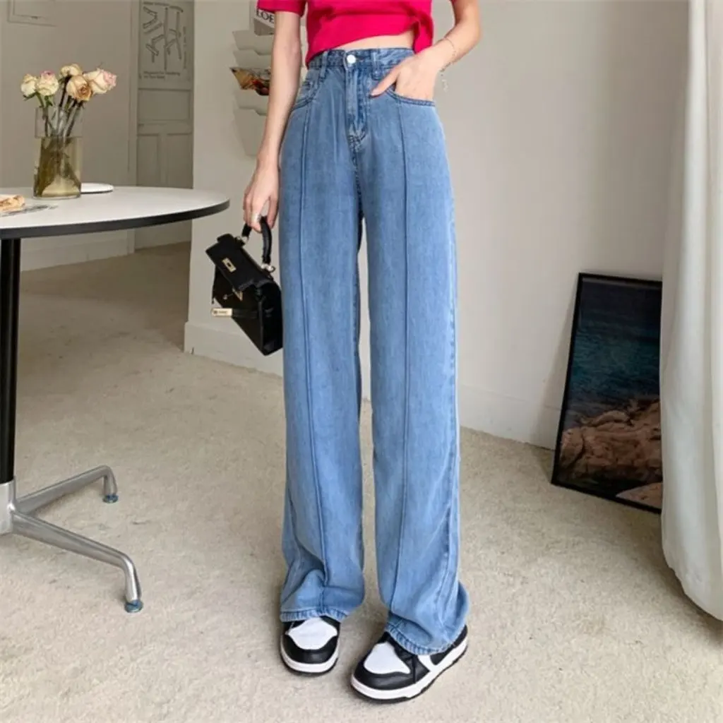 Jeans a vita alta a gamba larga da donna Pantaloni dritti estivi in seta di ghiaccio sottile Vestibilità ampia Abbigliamento popolare stile immerso