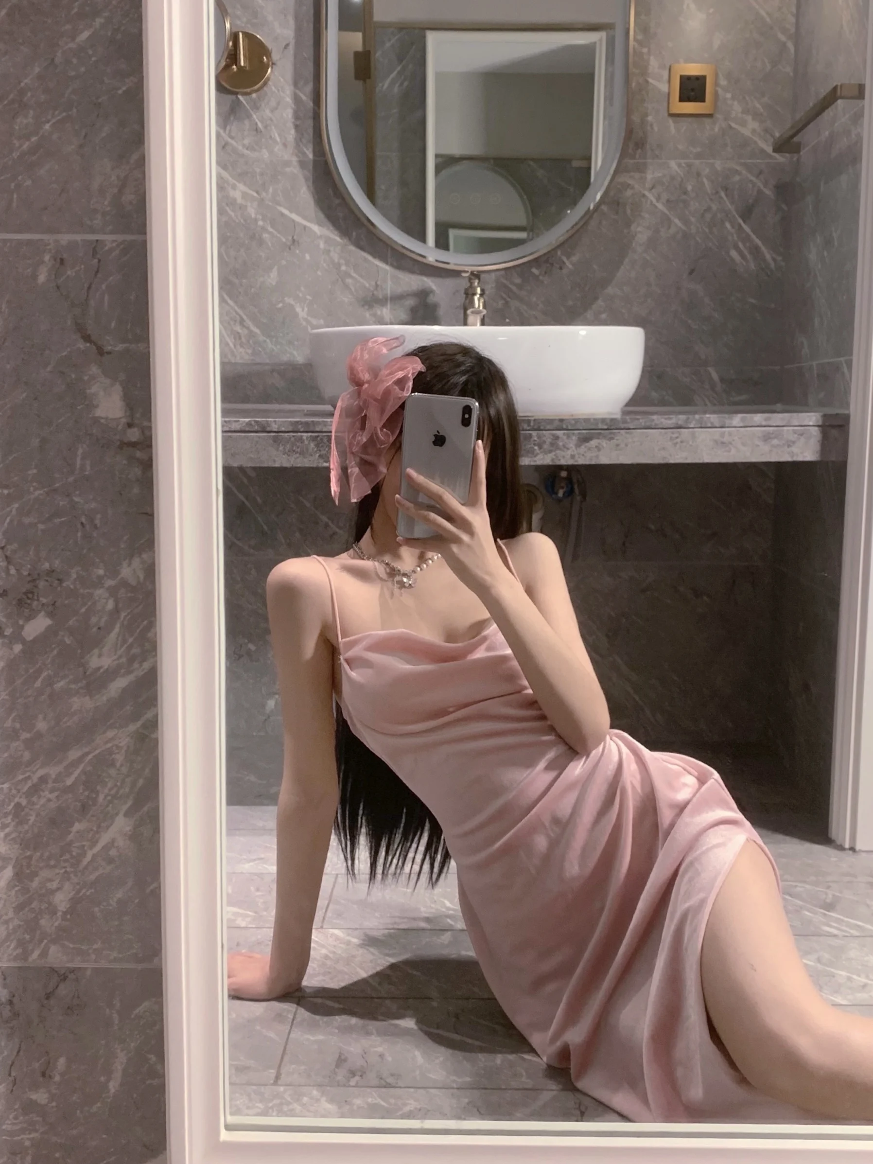 WOMENGAGA 2022 Summer Hot Sexy Bright Pink Maxi Dress Long Tank Camisole Robe Low Cut Hot Sexy Korean Women Robe Sweet O8EY