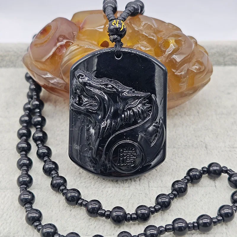 

Ожерелье из обсидиана, кулон из природного камня волка, резьба по обсидиану, воротник с головой волка, ожерелья Hombre, крутые и мощные подвески для M